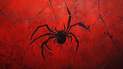 Stark black spider emblem dominates distressed crimson ground