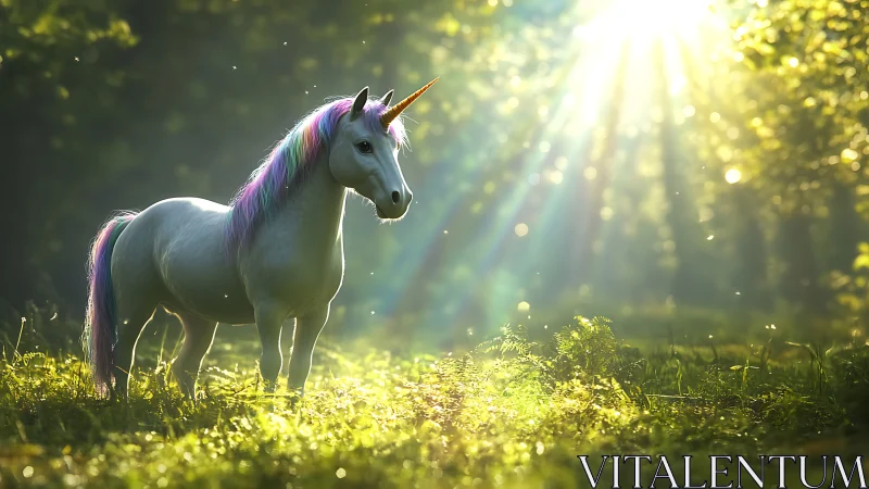 White unicorn in glowing green forest sunlight scene.