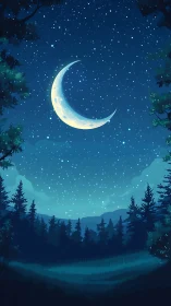 Crescent moon rising above tranquil midnight forest sky.