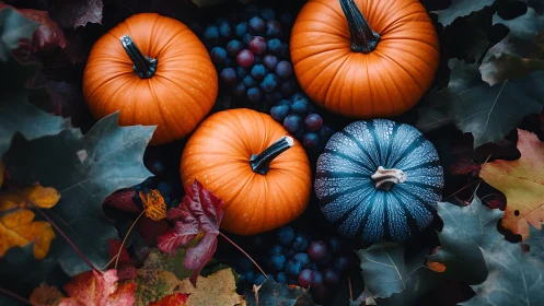 Oddblue pumpkin anchors a trio in jewel toned autumn leaves