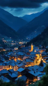 Cozy alpine village lights glowing under deep blue dusk.