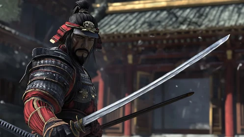 Armored samurai warrior holds drawn katana in courtyard