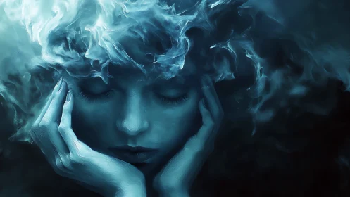 Dreamlike blue portrait with swirling ethereal smoke shroud.