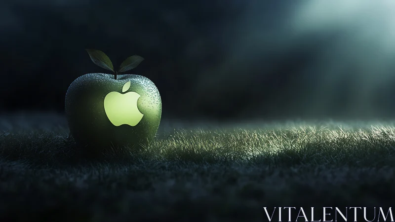 Glowing green apple logo casting soft light on dewy grass.