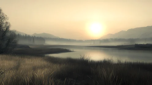 Gentle sunrise over a quiet misty lake and distant pines.