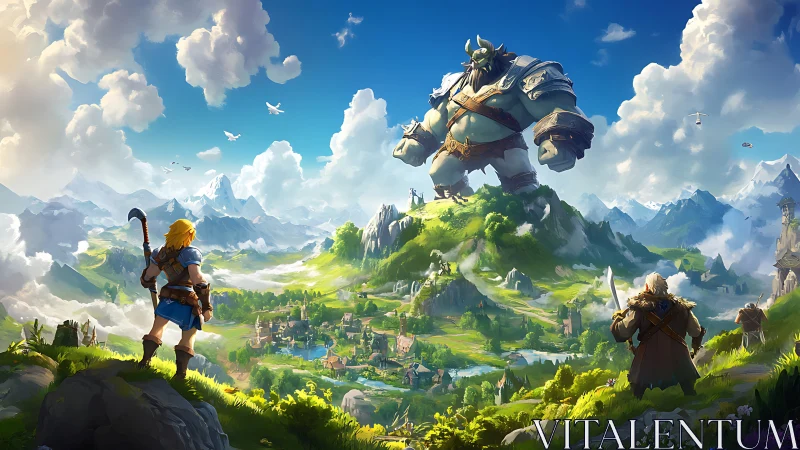 Fantasy landscape with armored giant and observing figures.