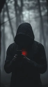 Hooded figure with glowing phone in fog-dense forest gloom