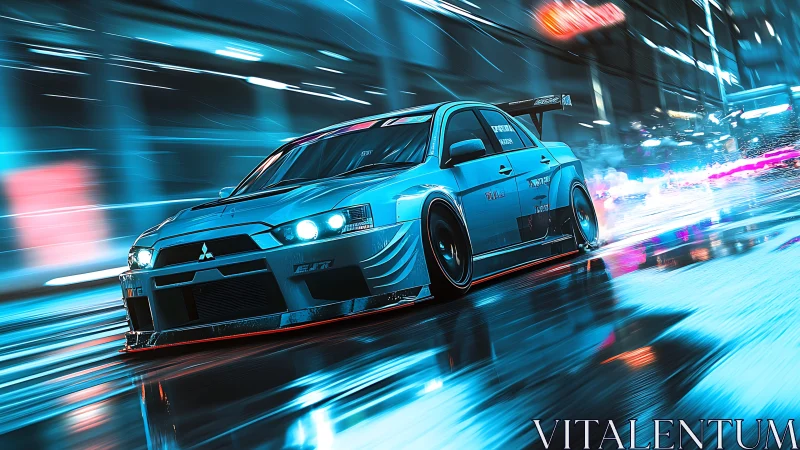 Street racer gliding through neon soaked city nightscape.