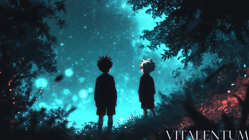 Anime night forest tableau with silhouetted child figures.