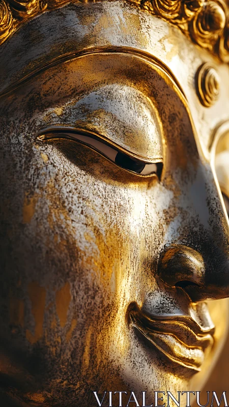 Macro study of gilded Buddha face with weathered metallic patina