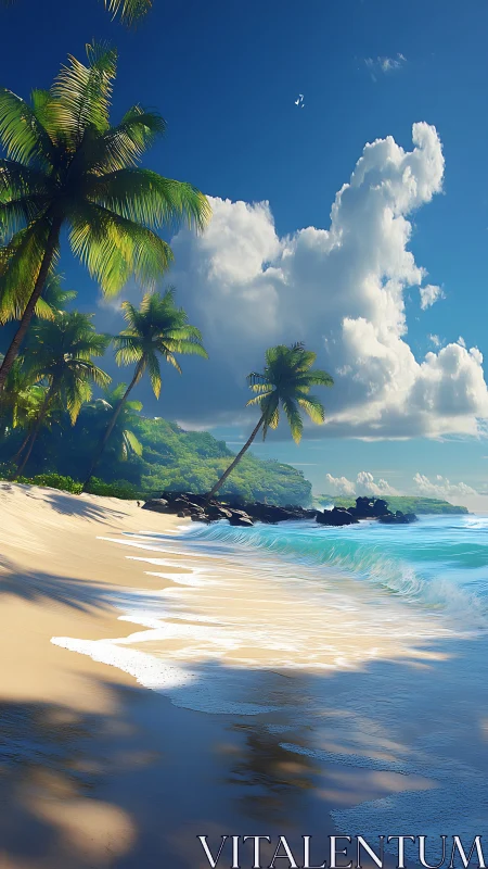 Tropical Paradise Unfolds Where Palms Kiss Crystalline Waves.