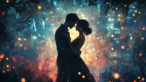 Silhouetted embrace with luminescent bokeh particles and chromatic ambience.