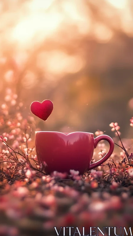 Red mug with floating heart symbol in warm bokeh environment.