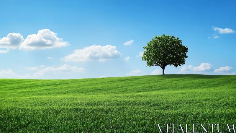 Lonely green tree crowns a rolling meadow under blue sky.