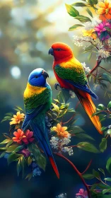Two colorful parrots perch on flowering branches in sunlight