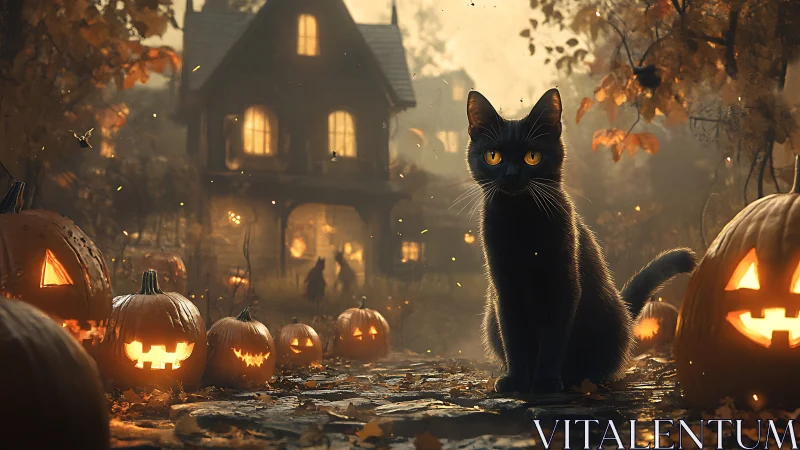 Luminous Guardian: Black Cat's Halloween Vigil at Haunted Estate.