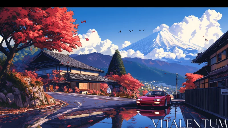 Crimson coupe glides through autumn calm beneath Fuji
