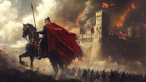 Armored warlord advances on a burning fortress at dusk