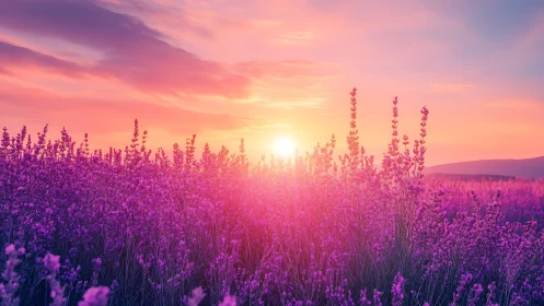 Lavender field glows beneath a vivid pink sunset sky.