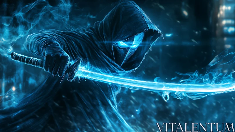 Cybernetic wraith swordsman with luminous katana arc rendering.