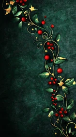 Emerald background frames vertical red berries and gold vine
