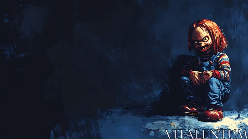 Sinister red-haired doll crouched in dramatic side lighting