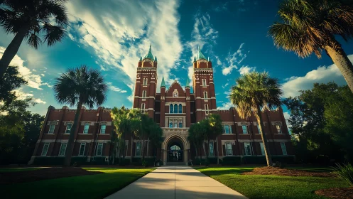 Red-brick gothic campus framed by palms under vivid skies