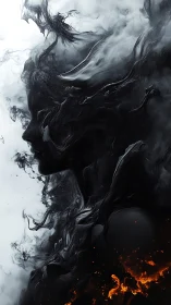 Digital painting silhouette in swirling smoke and embers.