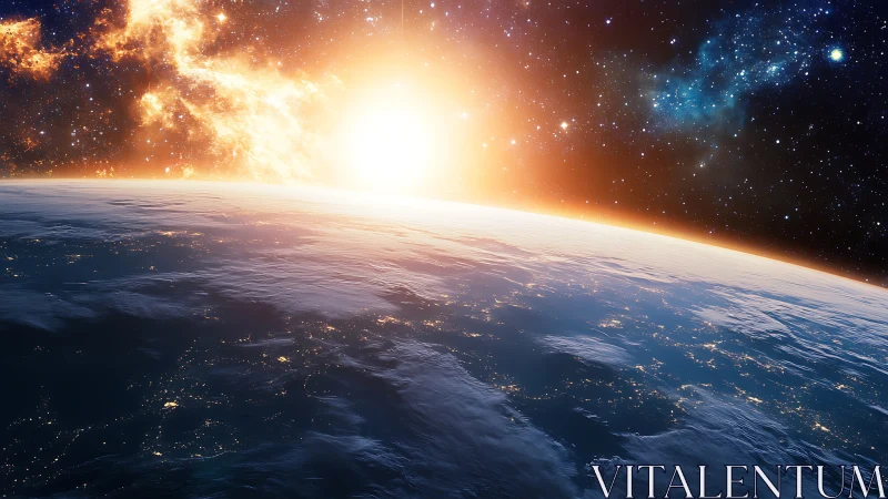 Glowing sunrise spills over Earth’s curved horizon from space.