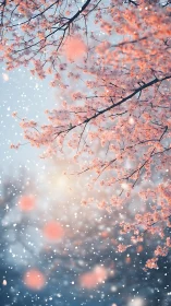 Soft pink blossoms drifting through gentle winter light.