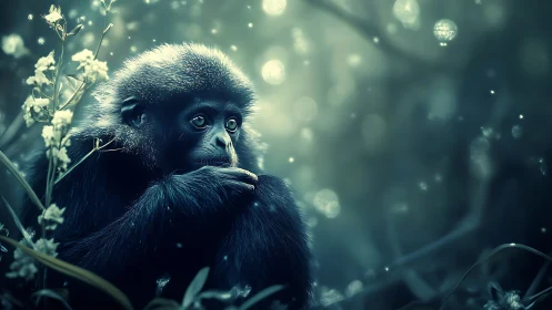Primate sits in shallow depth of field forest environment