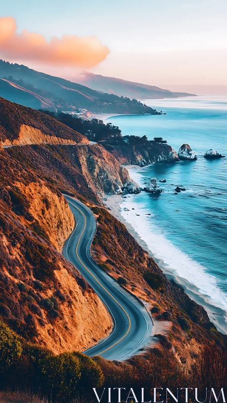 Sweeping coastal road gently curves beside the glowing sea