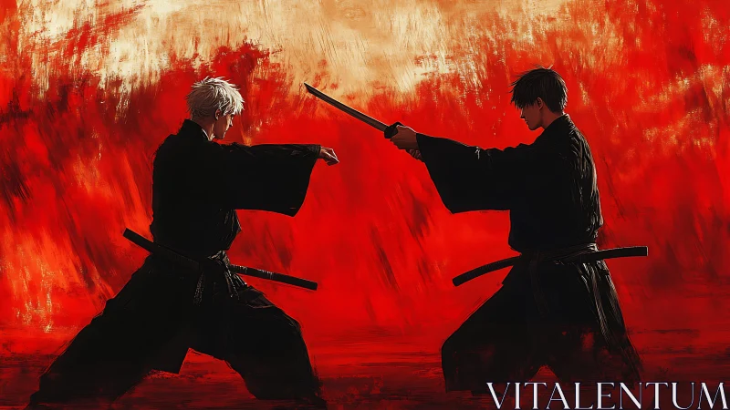 Samurai duel silhouettes slice through a blazing red backdrop