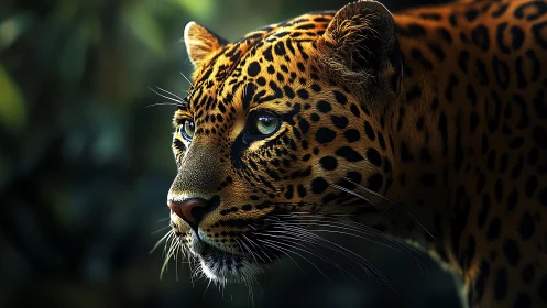 Golden leopard portrait against misty forest backdrop.