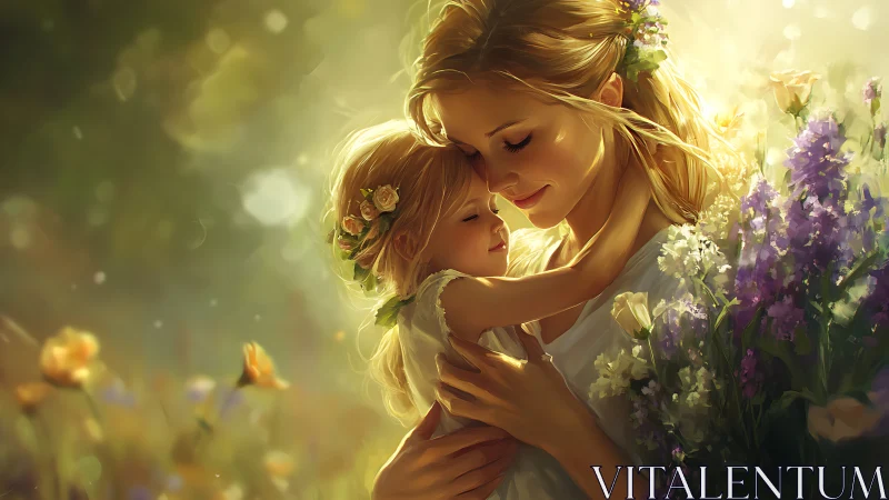 Mother and Daughter Embrace in Golden Flower Garden.