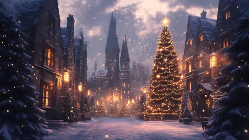Snowy village street with large illuminated Christmas tree.