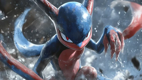 Ninja frog creature lunges through splashing icy water.