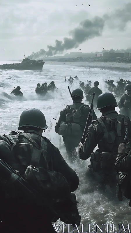 Soldiers advance through surf toward fortified shoreline under fire