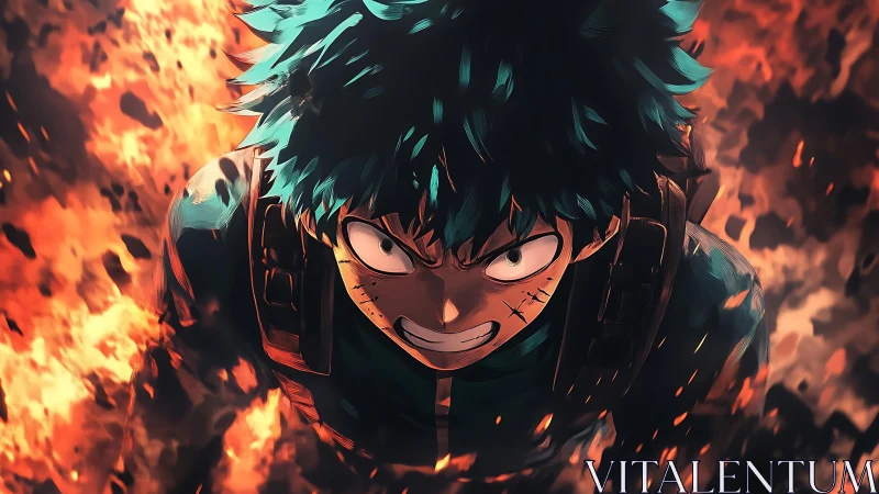 Anime boy with green hair charges forward through flames