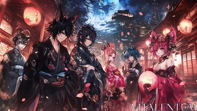 Moonlit fox spirits gather softly under glowing lanterns