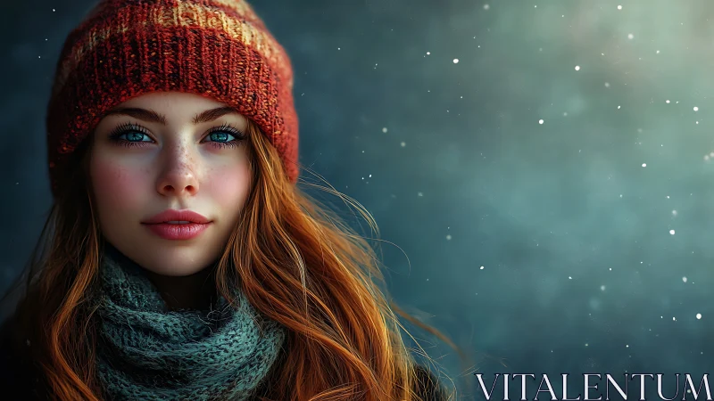 Winter portrait of red-haired woman in soft cinematic lighting
