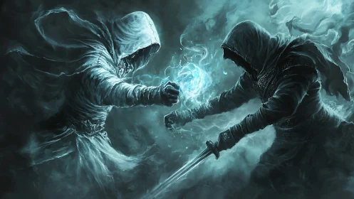 Hooded sorcerer and swordsman locked in spectral duel.