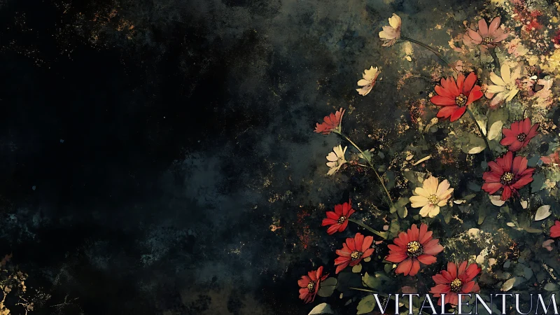 Wildflowers rising against dark textured background.