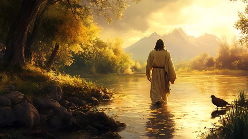 Backlit robed figure wading through river under aureate sky.