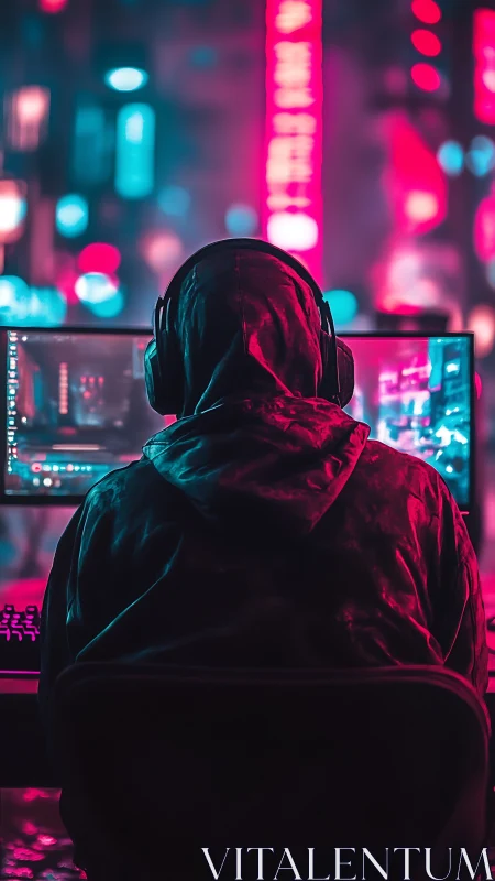 Neon lit gamer settles into a focused night at dual screens