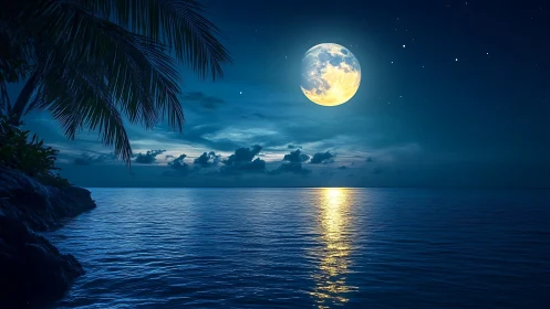 Full moon over tropical ocean with luminous reflections.