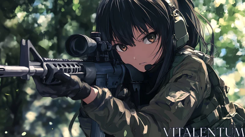Anime sniper girl aims down sight in sunlit forest
