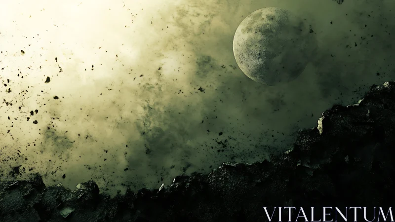 Shattered asteroid belt drifts beneath a silent green moon