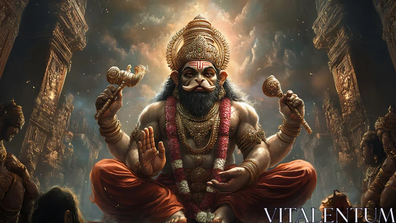 Majestic monkey-faced deity seated in glowing temple hall.