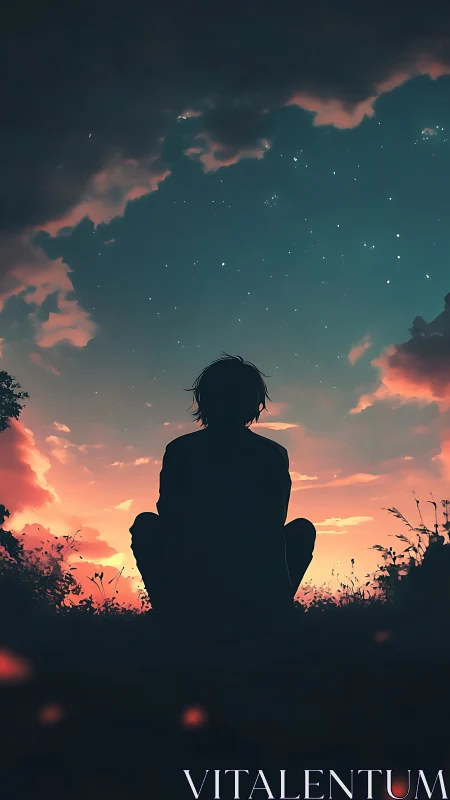 Silhouetted figure observing starry dusk sky in warm gradients.